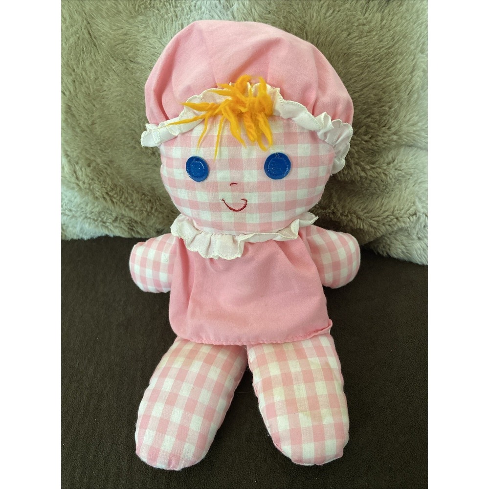Vintage Fisher Price  1975 Lolly Doll Pink Gingham Plaid Cloth  Toy Rattle #420